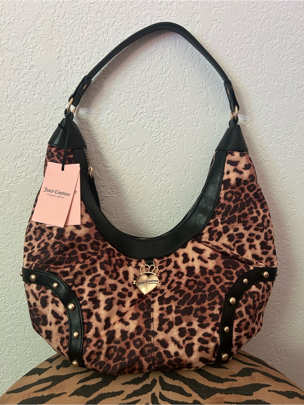 NEW Juicy Couture Retro Glam Boho Leopard Cheetah Shoulder Bag Black Trim